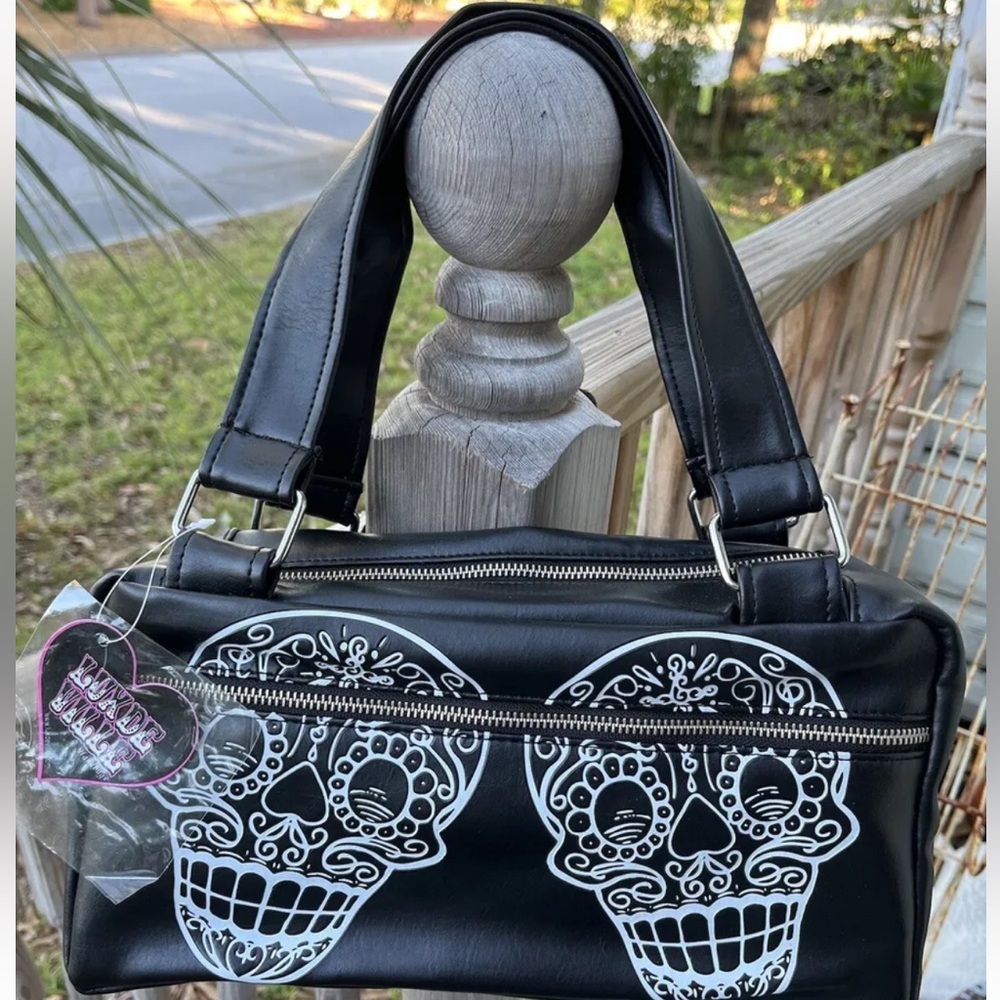 Lux De Ville Black Sugar Skull Vinyl Purse Bag Rockabilly Dia De Los Muertos NEW